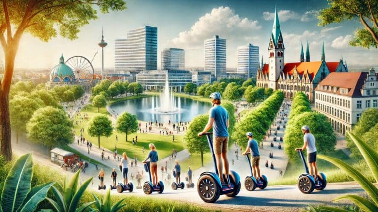 Segway Tour durch Hannover mit Gruppenfahrern vor der Stadtlandschaft.