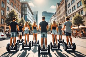 Gruppe fährt auf Segways durch Düsseldorf, mit Blick auf die Stadt im Hintergrund.