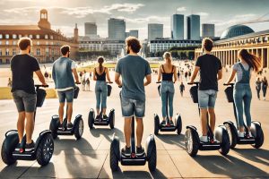 Eine kleine Gruppe fährt Segway in Stuttgart, aufgenommen von hinten, mit modernen Gebäuden und einem Park im Hintergrund an einem sonnigen Tag.